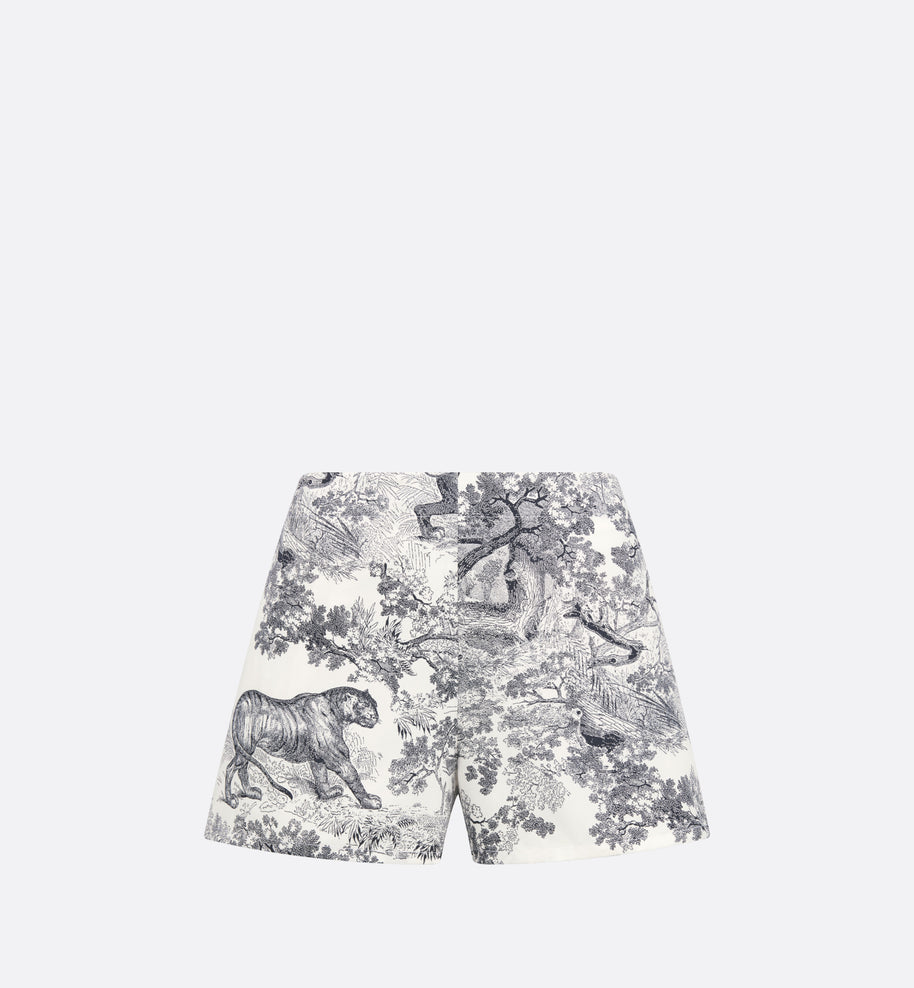 Dioriviera Shorts • White and Navy Blue Cotton and Silk Poplin with Toile de Jouy Sauvage Motif