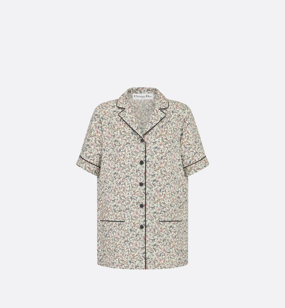 Short-Sleeved Shirt • White Silk Twill with Multicolor Libellule Camouflage Motif