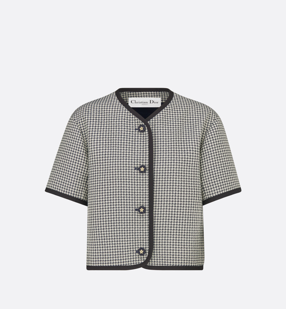 Short-Sleeved Jacket • Blue and White Cotton-Blend Jacquard with Micro-Houndstooth Motif