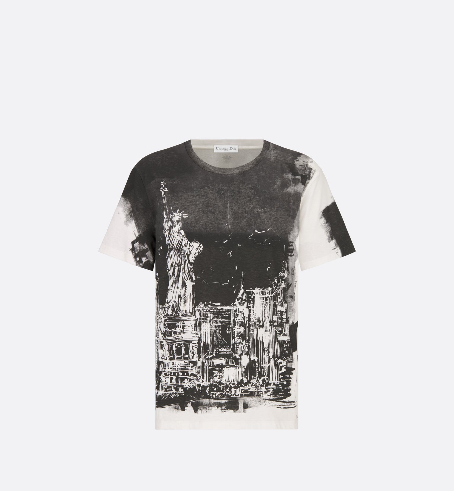 T-Shirt • Black and White Cotton and Linen Jersey with New York Motif