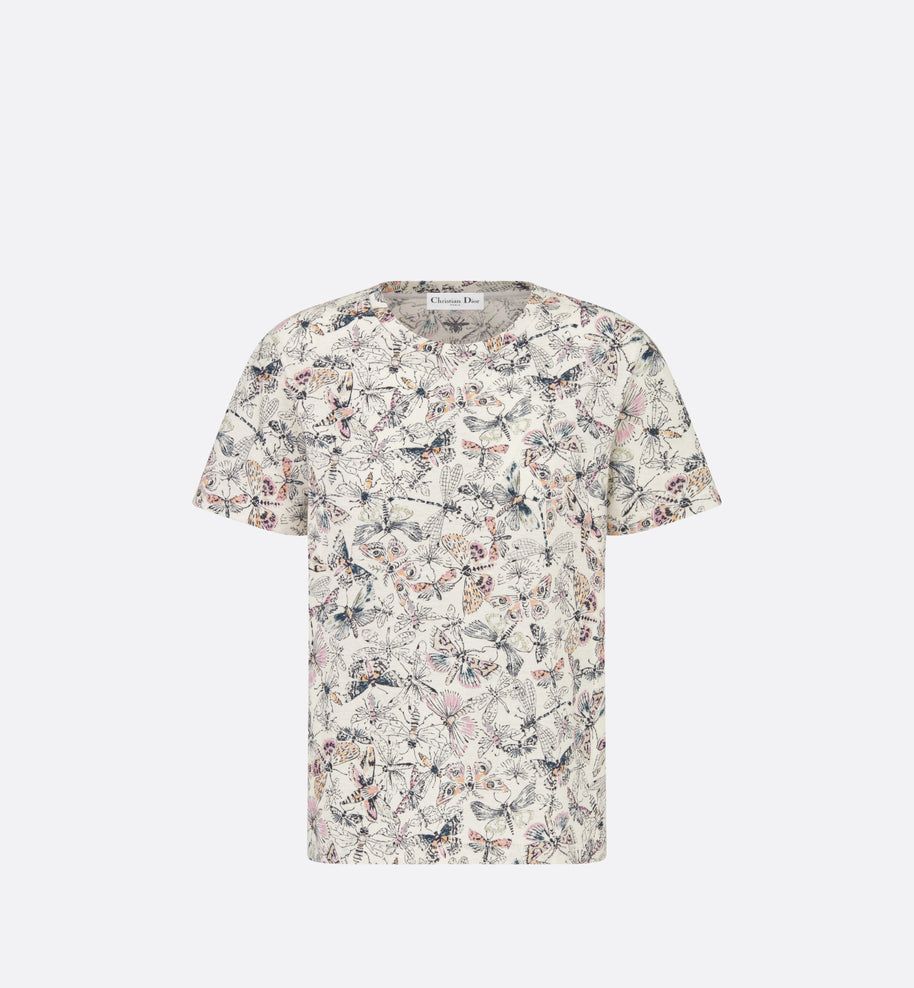 T-Shirt • White Cotton and Linen Jersey with Multicolor Libellule Camouflage Motif