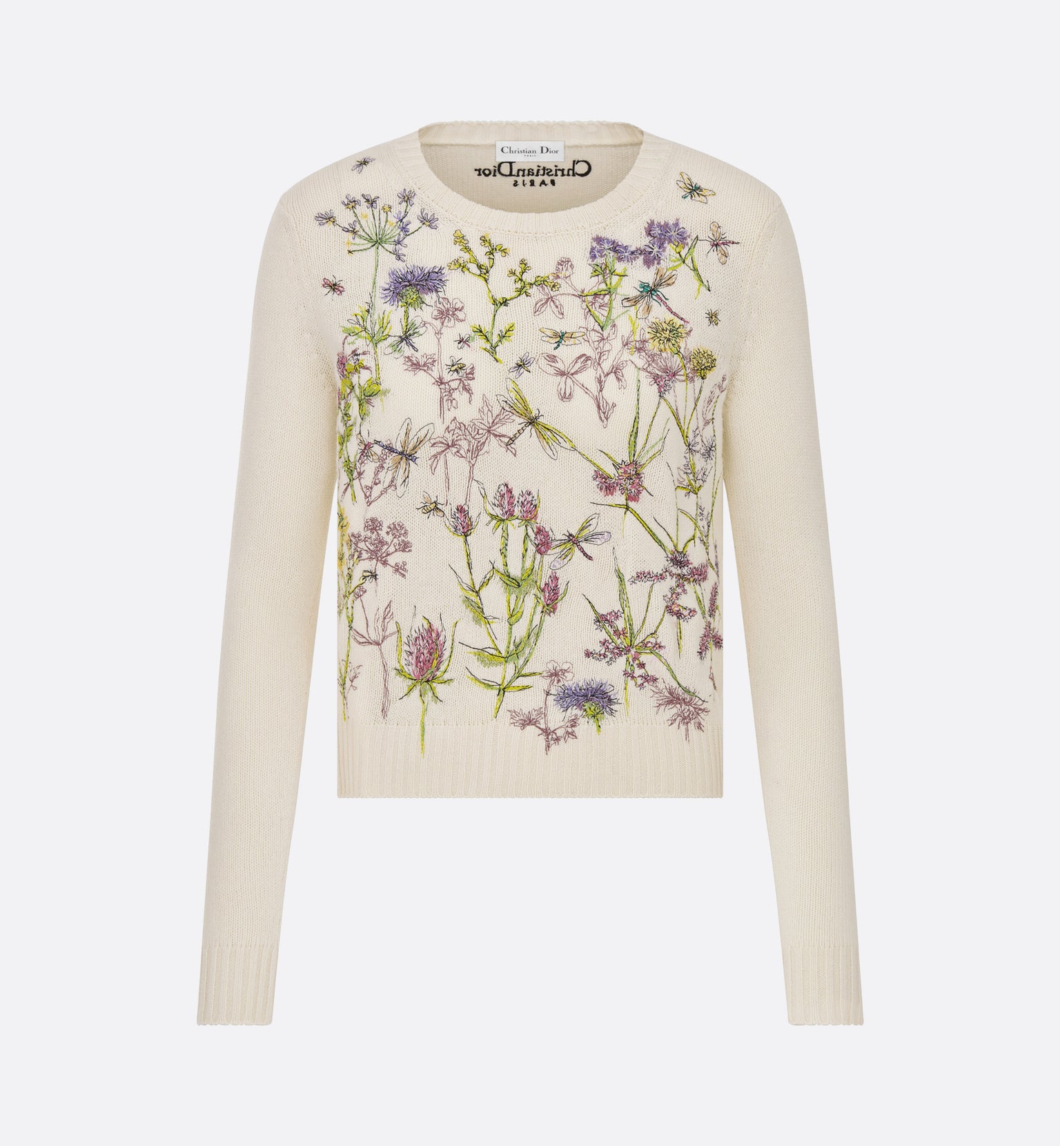 Embroidered Sweater • White Cashmere Knit with Multicolor Dior Herbarium Motif