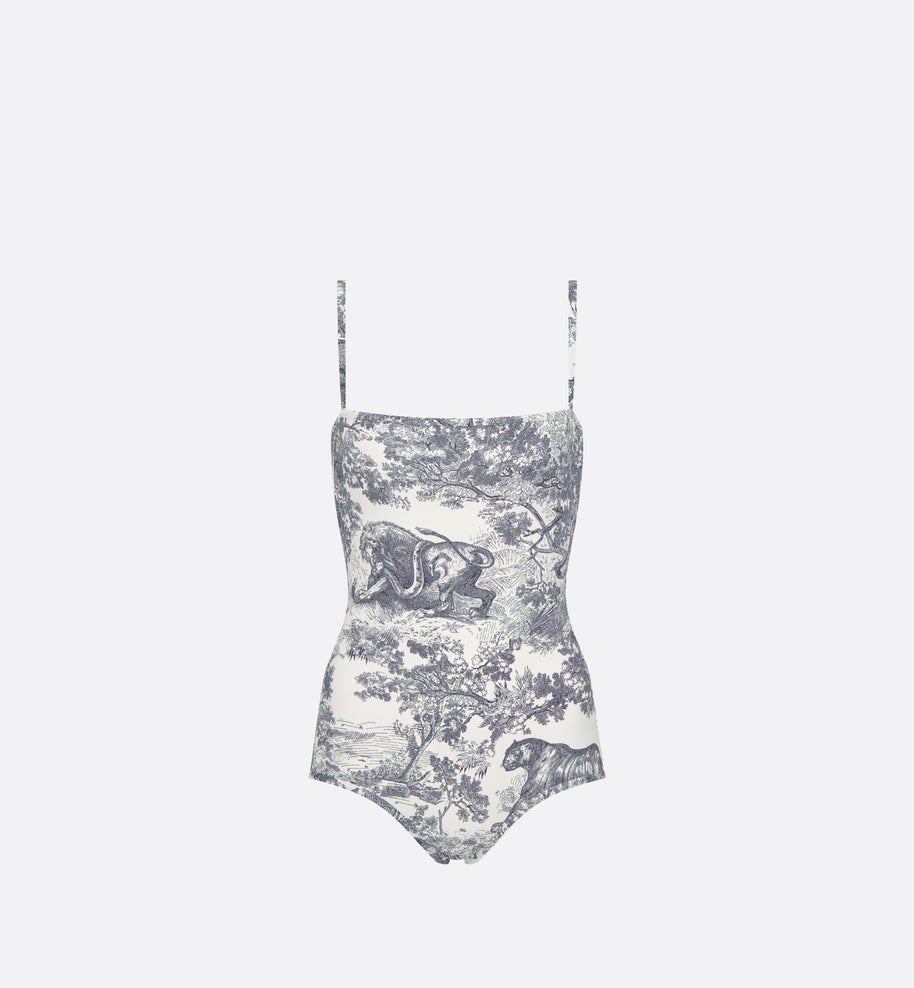 Dioriviera One-Piece Swimsuit • White and Navy Blue Technical Fabric with Toile de Jouy Sauvage Motif