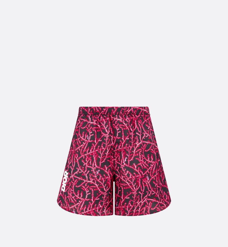 Dior Italic Shorts • Black and Red Silk Twill with Coral Motif
