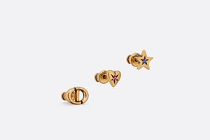 Dior Lucky Charms Set of Stud Earrings • Antique Gold-Finish Metal with Pink and Blue Crystals