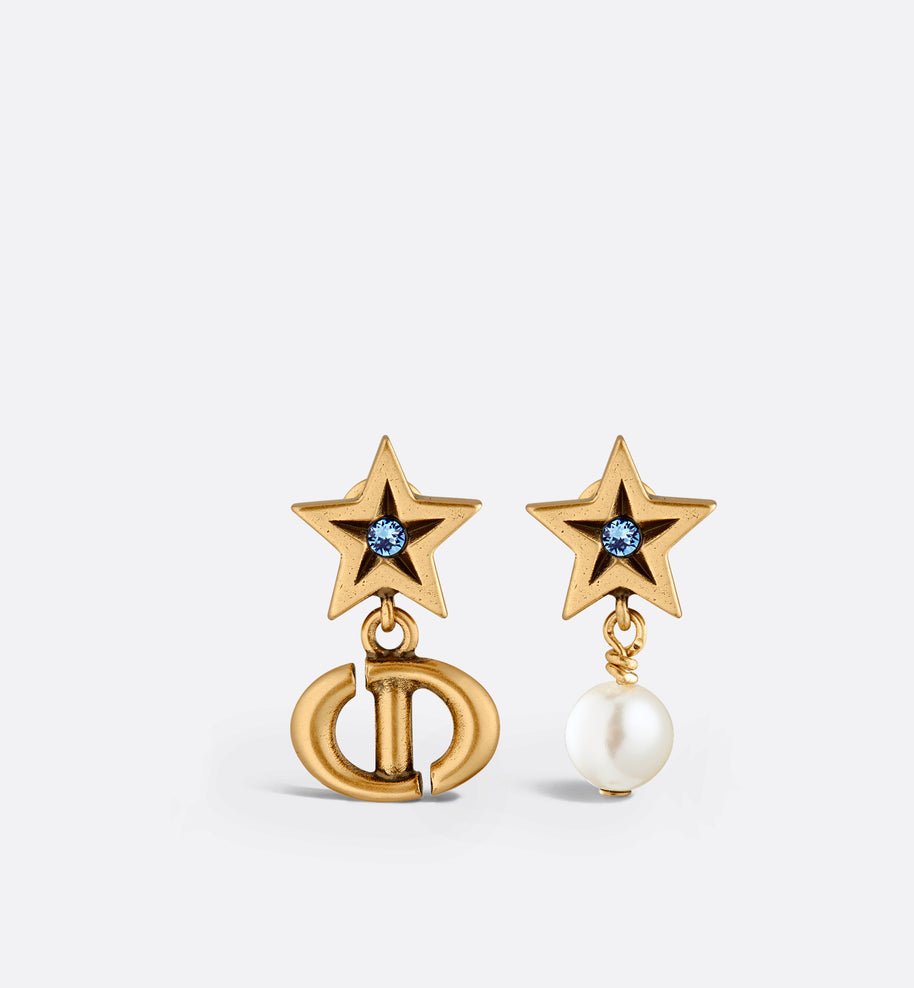 Dior Lucky Charms Studs • Antique Gold-Finish Metal, White Resin Pearl and Blue Crystals