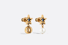 Load image into Gallery viewer, Dior Lucky Charms Studs • Antique Gold-Finish Metal, White Resin Pearl and Blue Crystals
