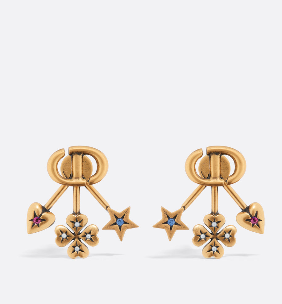 Dior Lucky Charms Earrings • Antique Gold-Finish Metal with White Resin Pearls and Pink and Blue Crystals