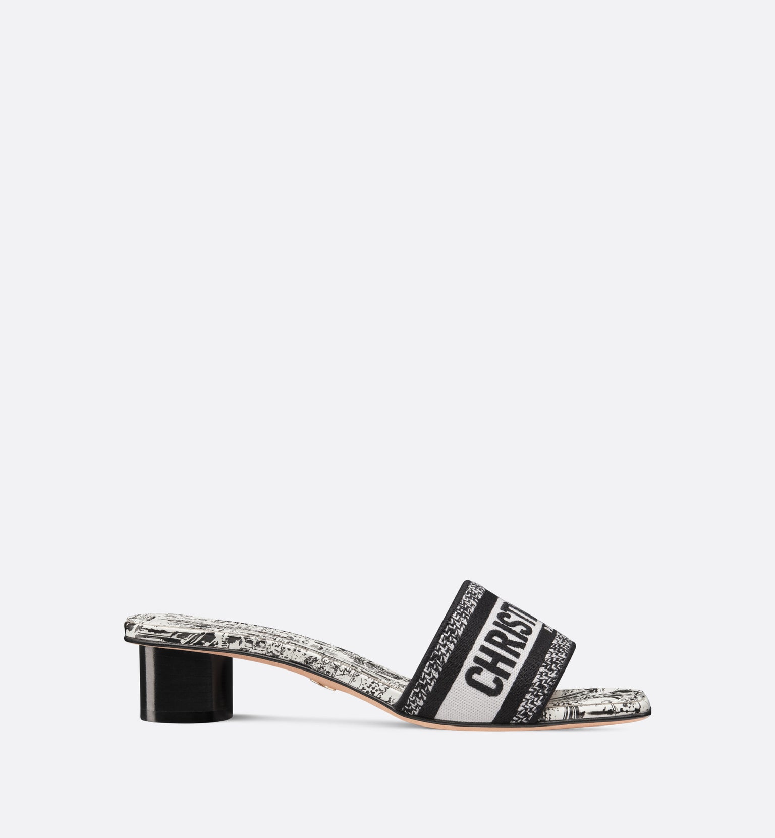 Dway Heeled Slide • Cotton Embroidered with White and Black Paris Allover Motif