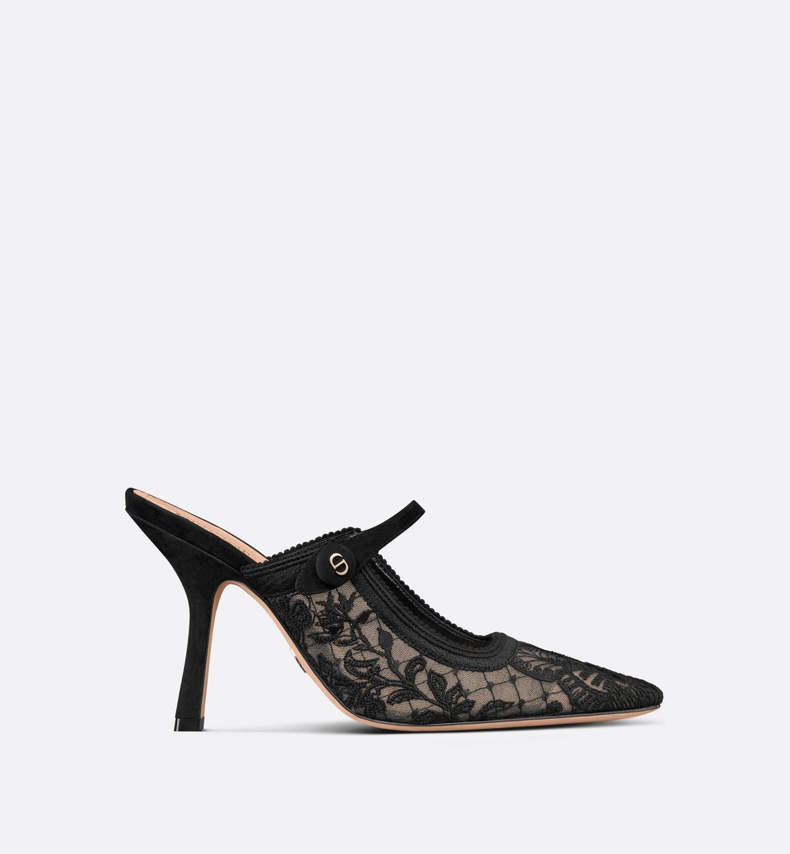 Dior Capture Heeled Mule • Transparent Mesh Embroidered with Black Butterfly Motif and Suede Calfskin