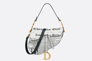 Saddle Bag with Strap • White and Black Calfskin with Newspaper Print