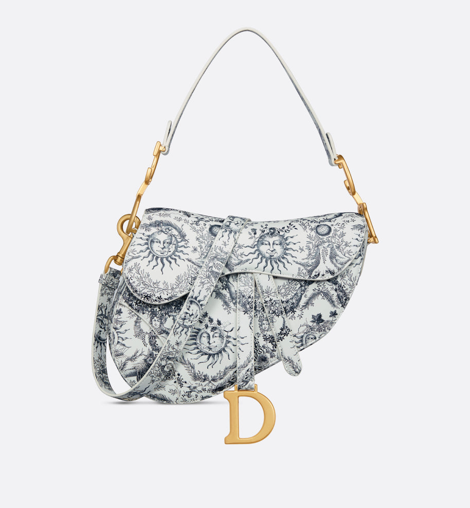 Saddle Bag with Strap • White and Navy Blue Toile de Jouy Soleil Printed Calfskin