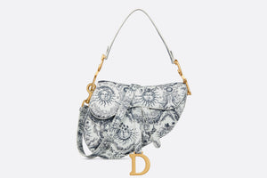 Saddle Bag with Strap • White and Navy Blue Toile de Jouy Soleil Printed Calfskin