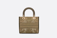 Load image into Gallery viewer, Medium Lady D-Lite Bag • Bronze-Tone Embroidery in Metallic Thread with The Toile de Jouy Soleil Macramé Motif
