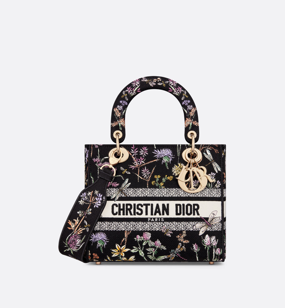 Medium Lady D-Lite Bag • Black Multicolor Dior Herbarium Embroidery