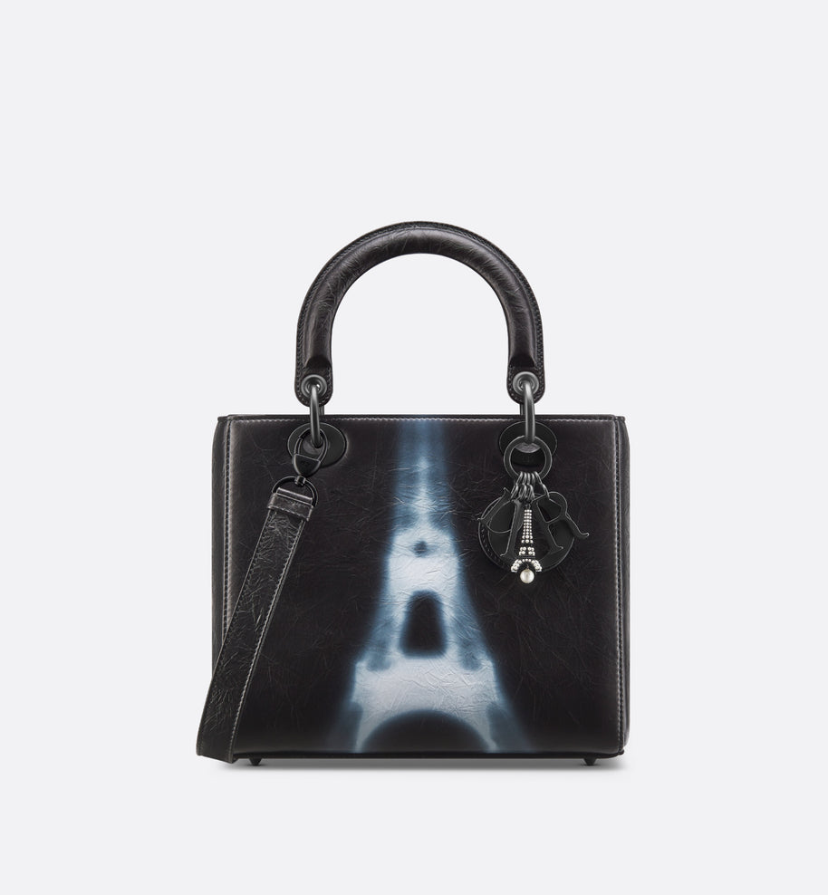 Medium Lady Dior Bag • Black and White Crinkled Calfskin with Eiffel Tower Print