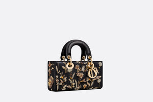 Small Lady D-Joy Bag • Black Calfskin Embroidered with the Ombres Florales 3D Motif