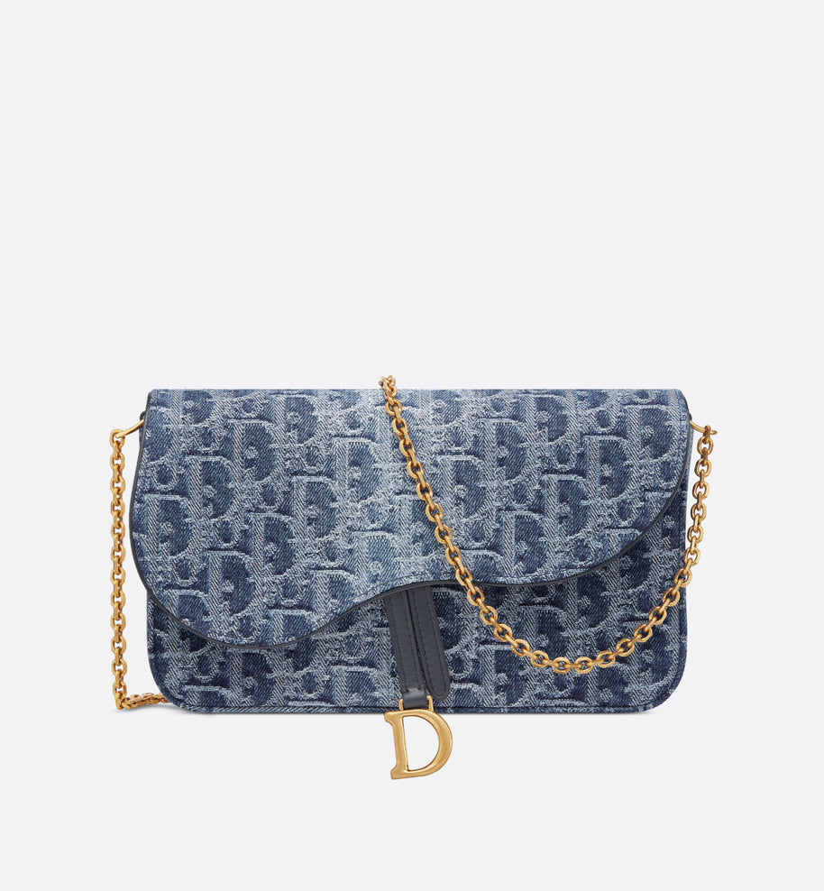Saddle Pouch with Chain • Blue Denim Dior Oblique Jacquard