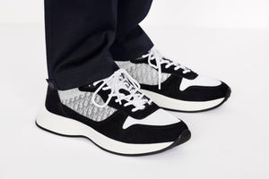 B25 Runner Sneaker • Black Suede with White Technical Mesh and Black Dior Oblique Canvas