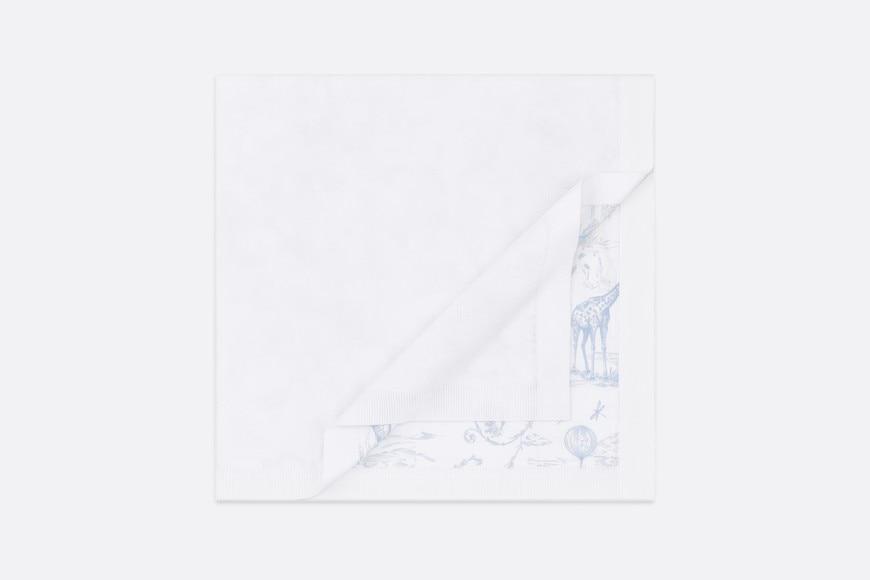 Blanket • White Cotton Knit Blanket with Pale Blue Toile de Jouy Print