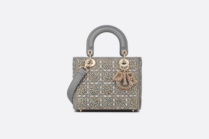 Small Lady Dior Bag • Gray Smooth Calfskin and Satin with Bead Embroidery