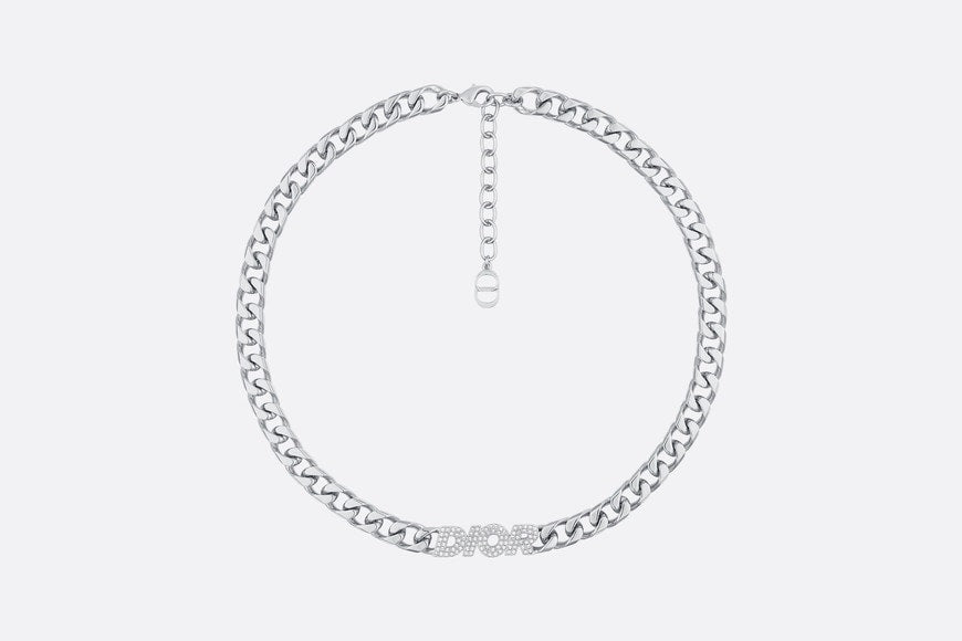 Dior Italic Chain Link Necklace • Silver-Finish Brass and White Crystals