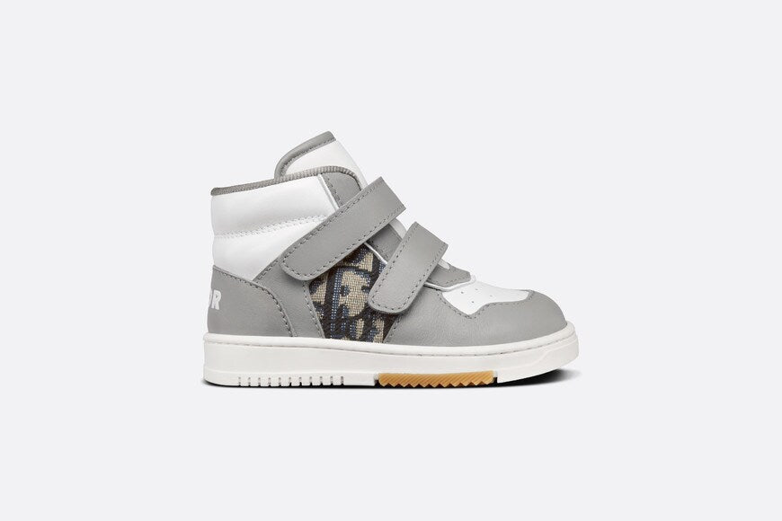 B27 Baby High-Top Sneaker • Gray and White Smooth Calfskin with Beige and Black Dior Oblique Jacquard
