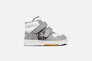 B27 Baby High-Top Sneaker • Gray and White Smooth Calfskin with Beige and Black Dior Oblique Jacquard