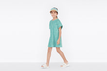 Load image into Gallery viewer, Kid&#39;s A-Line Dress • Turquoise Velvet Jersey Jacquard with &#39;CD&#39; Motif
