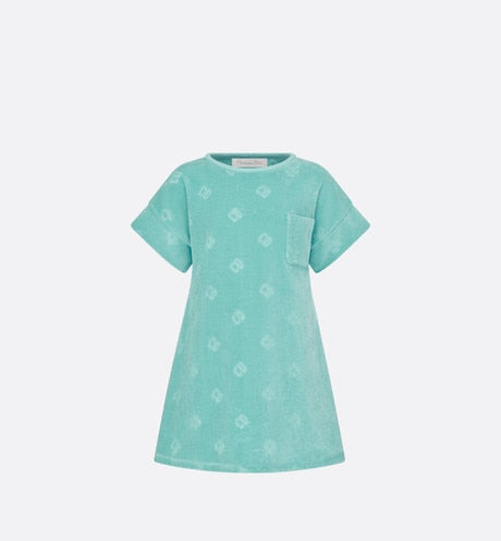 Kid's A-Line Dress • Turquoise Velvet Jersey Jacquard with 'CD' Motif