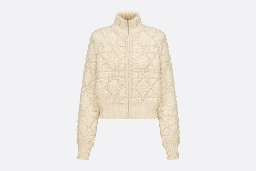 Macrocannage Zipped Cardigan • White Technical Wool and Cashmere Knit