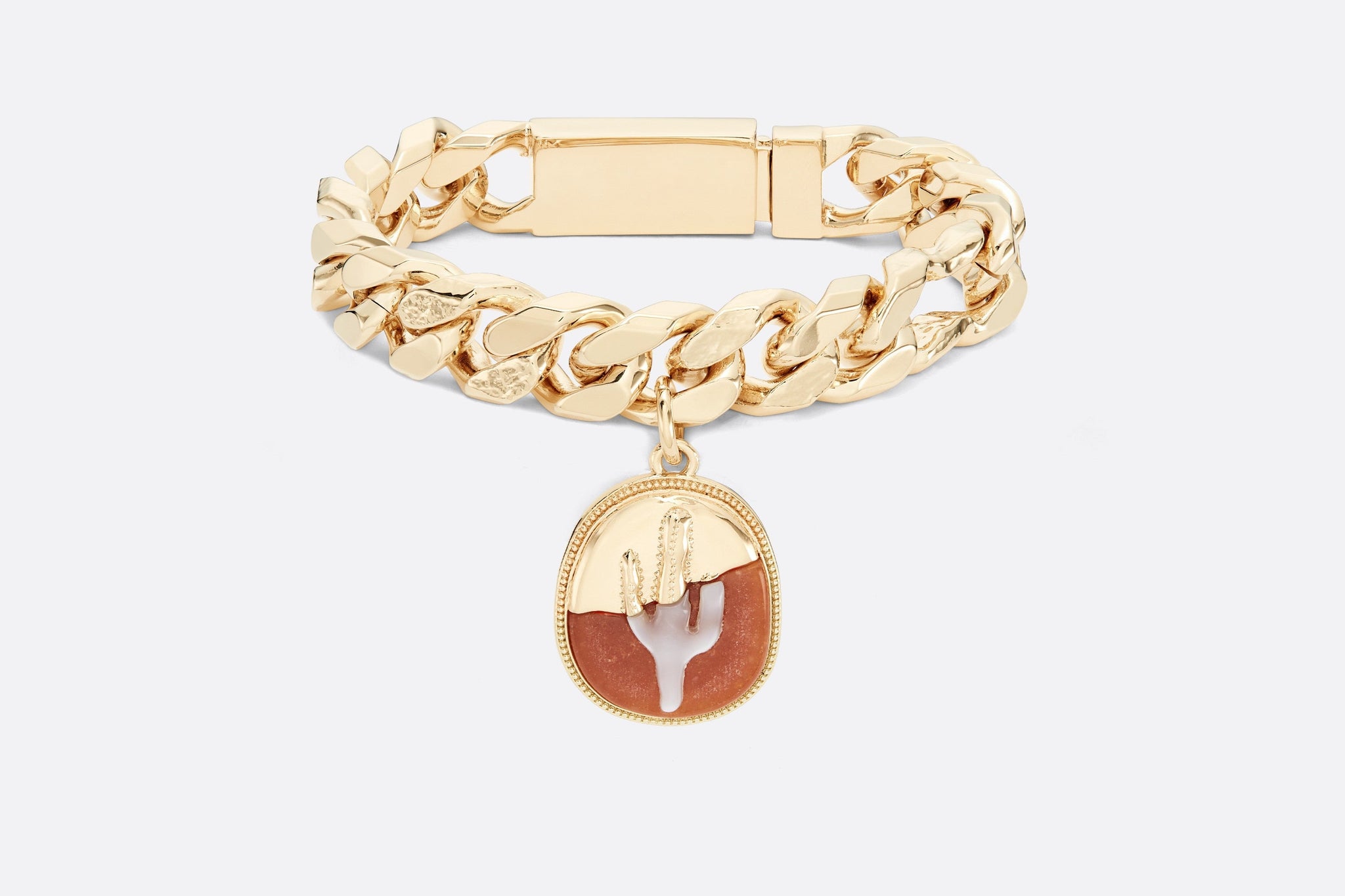 CACTUS JACK DIOR Chain Link Bracelet • Gold-Finish Brass with Orange  Aventurine and White Mother-of-Pearl
