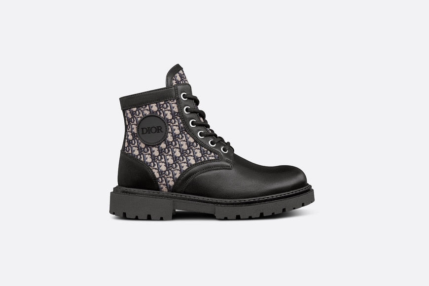 Kid's Dior Explorer Ankle Boot • Black Smooth Calfskin and Beige and Blue Dior Oblique Jacquard