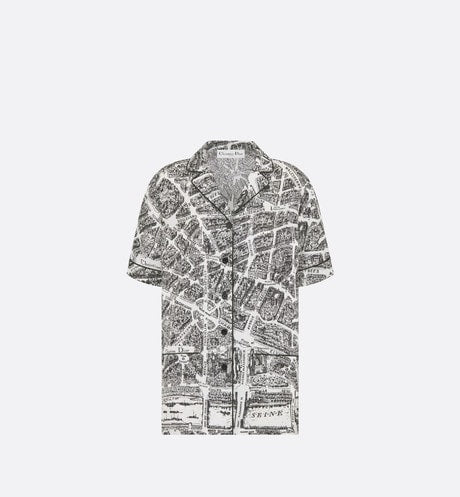 Short-Sleeved Shirt • White and Black Silk Twill with Plan de Paris Motif