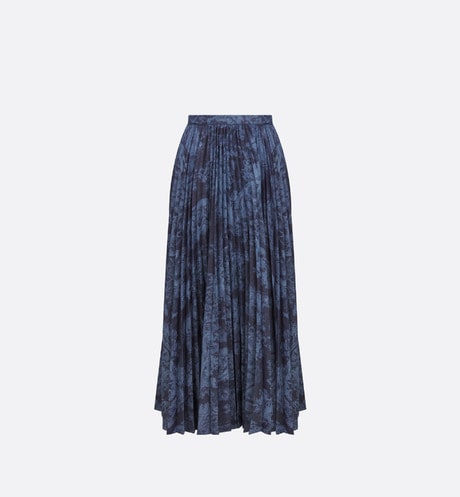 Dioriviera Pleated Mid-Length Skirt • Blue Cotton Denim with Toile de Jouy Motif