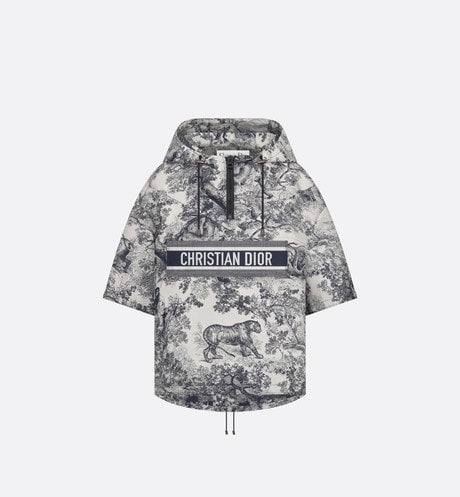 Dioriviera Short-Sleeved Hooded Short Anorak • White and Blue Technical Taffeta Jacquard with Toile de Jouy Motif