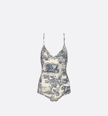 Dioriviera One-Piece Swimsuit • White and Blue Toile de Jouy Technical Fabric