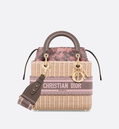 Medium Lady Dior Bag • Natural Wicker with Pink and Gray Toile de Jouy Sauvage Cotton Canvas