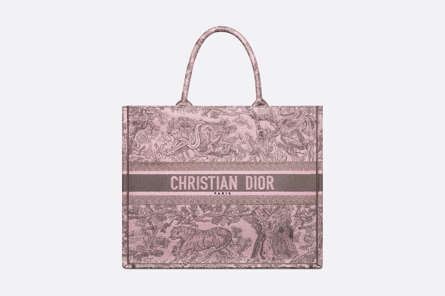 Large Dior Book Tote • Pink and Gray Toile de Jouy Sauvage Embroidery (42 x 35 x 18.5 cm)
