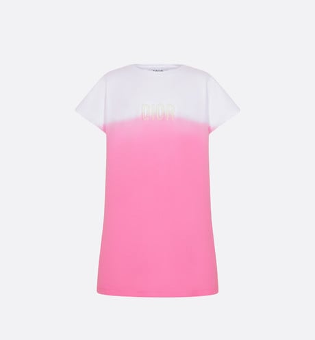 Kid's Straight-Cut Dress • Ivory and Pop Pink Dip-Dye Printed Cotton Jersey