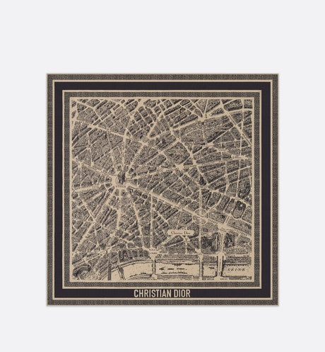 Plan de Paris 90 Square Scarf • Beige and Black Silk Twill