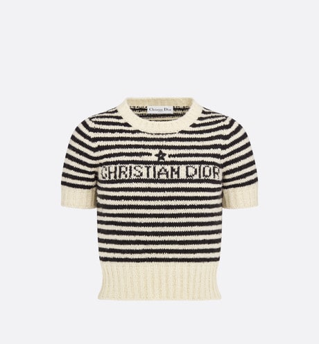 Dior Marinière Short-Sleeved Sweater • Ecru and Black Technical Cotton, Wool and Mohair Knit with Signature